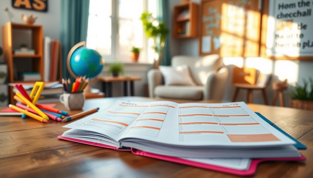 A beautifully designed homeschool planner template, featuring neatly organized sections and vibrant colors. In the foreground, showcase the planner open on a wooden table, displaying pages with daily schedules, lesson plans, and subject outlines. The middle ground includes soft-focus items like colorful pens, a globe, and a stack of educational books. In the background, a cozy home study space with warm, natural light streaming through a window, casting gentle shadows. A comfortable chair and a bulletin board with inspirational quotes complete the scene, evoking a sense of creativity and purpose. The overall atmosphere should feel inviting and motivating, perfect for a productive homeschool environment.