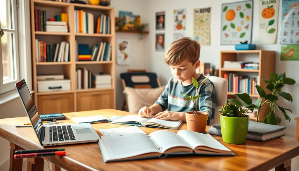 A cozy and effective study space designed for children's learning. In the foreground, a sturdy wooden desk with neatly organized school supplies, a laptop, and open notebooks, reflecting a sense of order. In the middle, a comfortable chair with a soft cushion, and a focused child, aged around 10, dressed in casual yet tidy clothing, engaged in studying. Natural morning light filters through a nearby window, casting a warm glow across the scene. In the background, shelves filled with colorful books and educational posters adorn the walls, creating an inspiring atmosphere. A calming green potted plant sits on the desk, adding a touch of nature to the environment. The overall mood is productive and inviting, emphasizing a supportive home environment for learning.