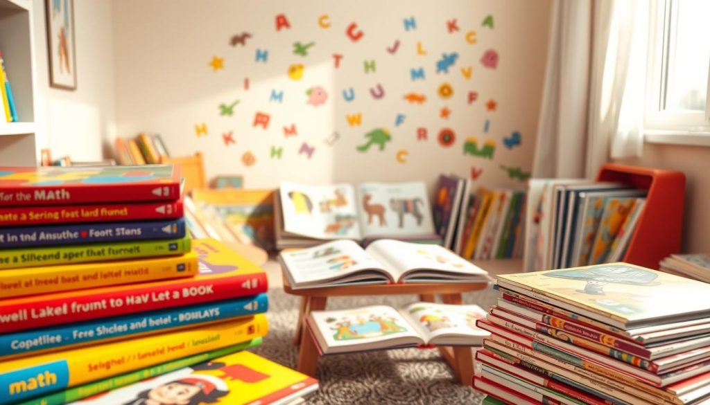 A cozy children's reading nook filled with colorful educational books. In the foreground, a vibrant stack of books with engaging illustrations and varied subjects like math, science, and language, featuring bright primary colors. In the middle, a small wooden table is scattered with open books, showcasing pages filled with colorful diagrams and playful characters. In the background, a soft, inviting pastel-colored wall adorned with playful wall decals of animals and letters. The scene is warmly lit by natural light streaming through a window, creating a cheerful atmosphere that encourages learning. The angle is slightly from above, capturing the inviting space while emphasizing the importance of educational reading for children.