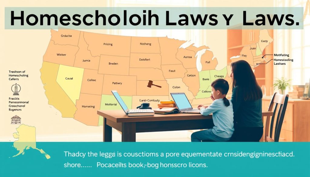 A detailed map of the United States, highlighting the different homeschooling laws by state, with each state color-coded to represent its legal requirements. In the foreground, a family sits at a dining table covered with books, laptops, and educational materials, dressed in modest casual clothing, symbolizing the homeschooling experience. The middle ground features visual icons representing key aspects of homeschooling laws, such as a gavel, graduation cap, and schoolhouse. The background showcases a soft, warm light filtering in through a window, suggesting a homey atmosphere of learning and guidance. The image should evoke a sense of community and empowerment, emphasizing the importance of understanding legal requirements for parents considering homeschooling.