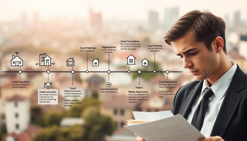 A detailed timeline illustrating a property dispute, featuring a series of visual elements like documents, houses, and legal symbols. In the foreground, a person in professional business attire is examining a property deed with a concerned expression. In the middle ground, a chronological line connects various events: negotiations, court hearings, and consultations with a real estate attorney. Each point on the timeline includes small icons representing different stages like "Initial Consultation," "Mediation," and "Court Appearance." The background depicts a cityscape with residential buildings, creating a sense of context. Soft lighting creates a serious yet hopeful atmosphere, suggesting resolution and professionalism. The angle is slightly elevated to provide an overview of the timeline, emphasizing clarity and organization.