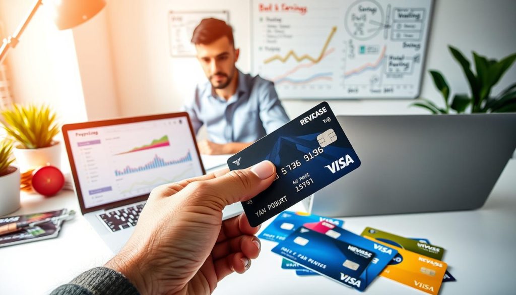 A dynamic workspace scene featuring a freelancer at a modern desk, surrounded by an array of credit cards displaying vibrant rewards symbols like cash back, travel points, and bonuses. In the foreground, a close-up of a sleek credit card held in the freelancer's hand, showcasing its unique design. The middle ground includes a laptop open to a financial tracking app, with colorful graphs and charts representing earnings and rewards growth. The background features a whiteboard with strategic notes and illustrations on maximizing credit card benefits for freelancers. Soft, natural light illuminates the scene, creating an inviting and productive atmosphere, captured from a slightly elevated angle to highlight the organized workspace.