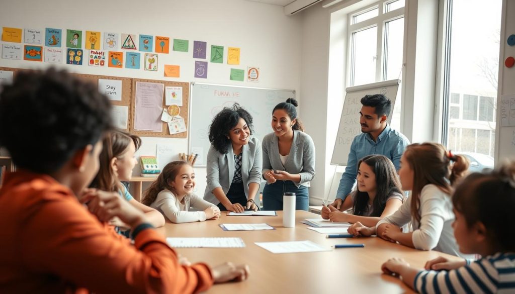 A modern classroom scene showcasing effective classroom management techniques. In the foreground, a diverse group of students from various backgrounds are engaged in a collaborative group activity around a table, displaying open communication and teamwork. In the middle, a teacher, dressed in professional attire, actively facilitating the activity, demonstrating patience and guidance. The background features a well-organized classroom with colorful educational posters, shelves filled with books, and a whiteboard displaying collaborative ideas. Soft natural lighting pours in through large windows, creating an inviting and warm atmosphere, promoting a sense of safety and engagement. The angle captures the interaction between students and the teacher, focusing on the dynamic of supportive learning environments. The overall mood is positive, energetic, and encouraging, emphasizing collaboration and engagement.