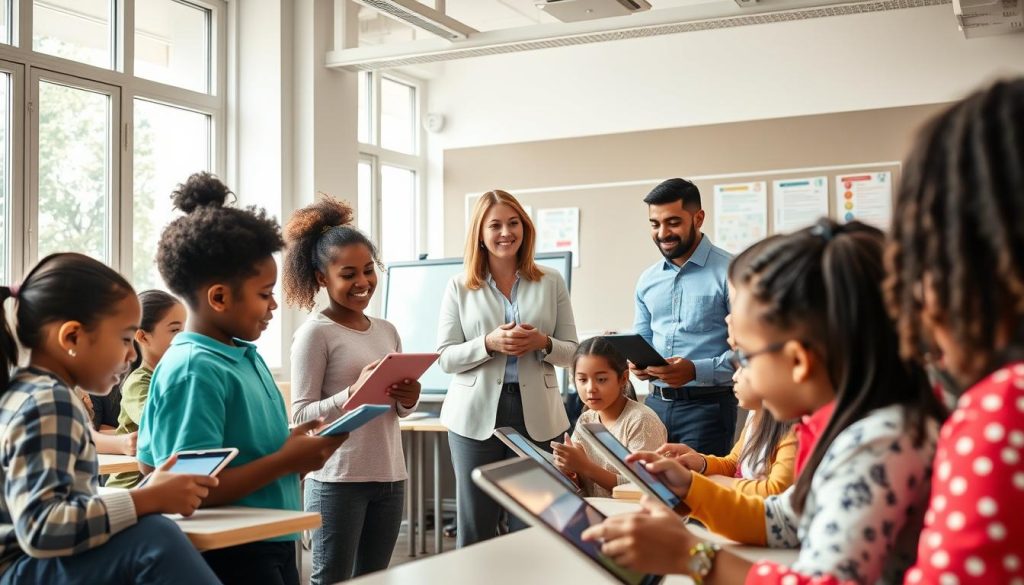 A modern classroom setting filled with diverse students engaged in innovative teaching approaches that integrate technology. In the foreground, showcase a group of students of various ethnicities using tablets and interactive whiteboards, illustrating collaboration and creativity. The middle layer features a dynamic teacher guiding the class, dressed in professional attire, encouraging participation. The background includes large windows letting in natural light, creating an inviting atmosphere, with printed educational materials and digital tools on the walls. The scene is captured with a bright, uplifting mood, emphasizing teamwork and the joy of learning. Use a slightly angled perspective to highlight both the students and their interactive technology. Soft lighting enhances a warm and stimulating environment for creativity and engagement.