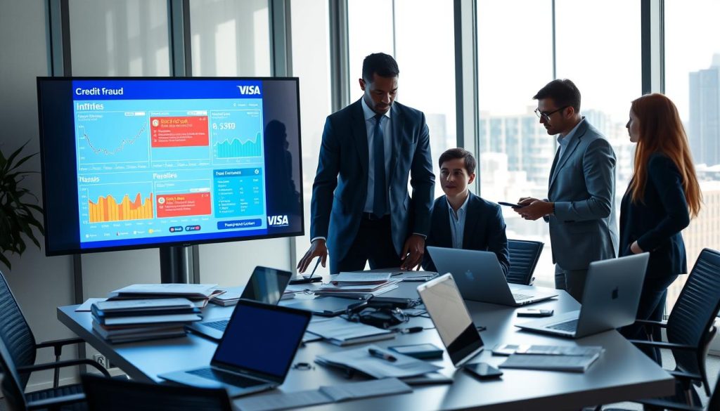 A modern office environment focused on credit card fraud prevention. In the foreground, a diverse group of three professionals—two men and one woman—dressed in business attire, are collaboratively examining a large digital screen displaying vibrant graphs and alerts for potential fraud indicators. The middle ground features a sleek conference table cluttered with laptops, smartphones, and security documentation. The background shows a large window with city skyline views, allowing soft, natural light to illuminate the room. The mood is focused and proactive, reflecting a secure and systematic approach to preventing credit card fraud. Use a wide-angle lens effect to capture the entire scene, showcasing the teamwork and technology involved in mobile banking security.