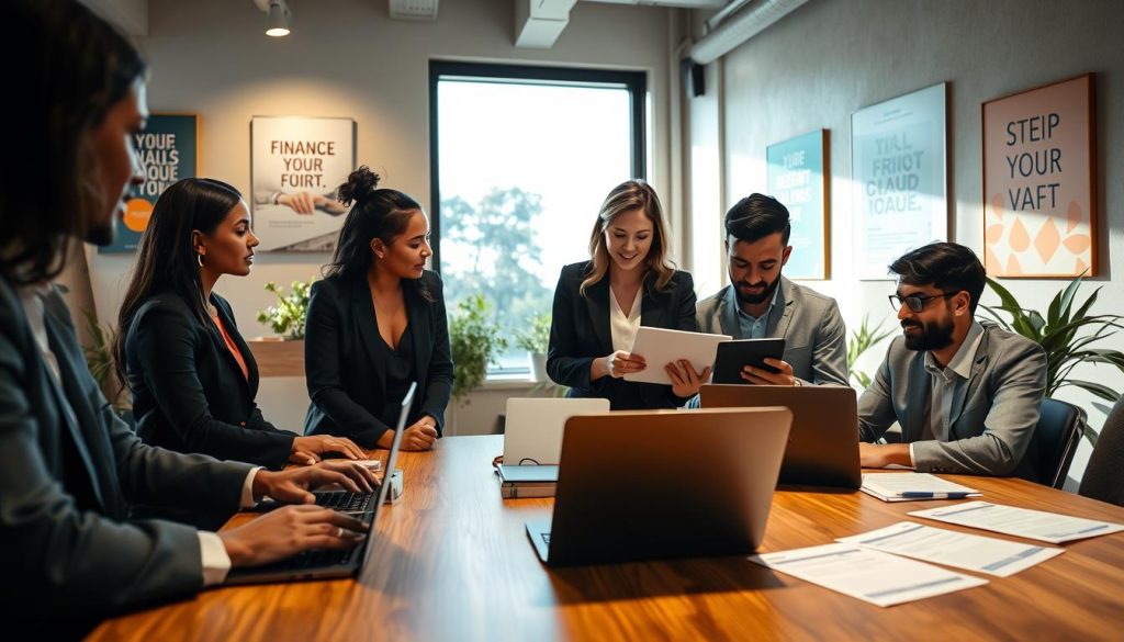 A modern office setting showcasing the instant approval credit card application process. In the foreground, a diverse group of individuals, dressed in professional business attire, such as suits and blouses, are engaged around a sleek, wooden table with laptops and application forms spread out. In the middle, a woman confidently discusses the steps of the application process, while a man reviews his application on a tablet. The background features a large window with bright natural light streaming in, plants, and motivational finance posters on the wall, creating an energetic and motivating atmosphere. The lighting is warm and inviting, enhancing the feeling of simplicity and accessibility associated with instant approval credit cards. The angle is slightly above the table, providing a clear view of the interactions and materials involved in the application process.