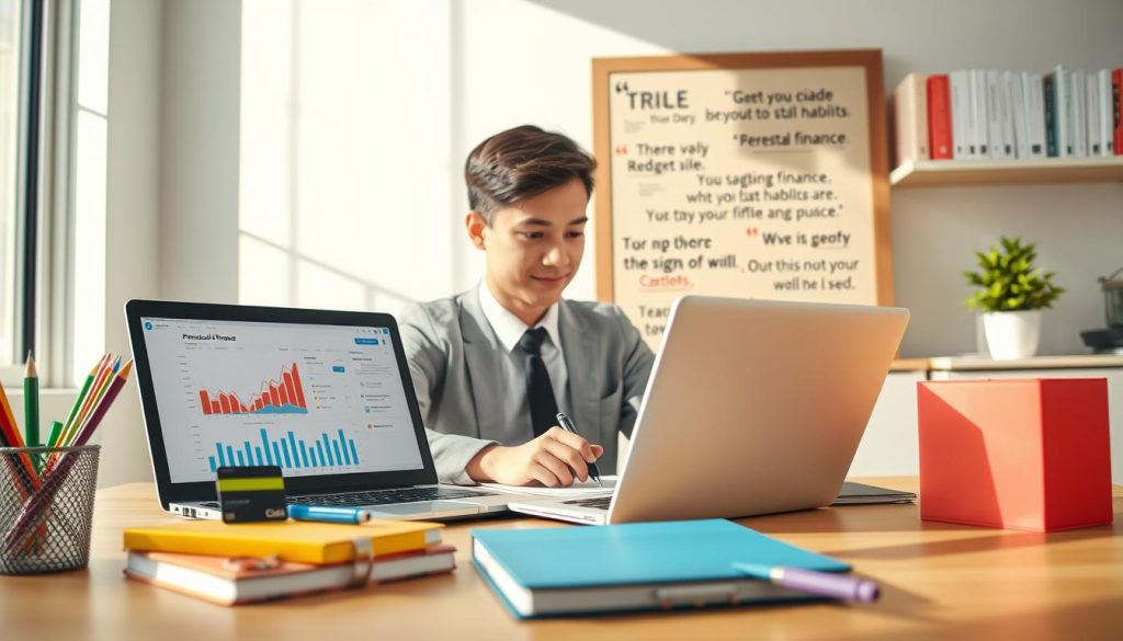 A modern, well-organized study space filled with light, featuring a young adult wearing professional business attire, sitting at a desk. The student is focused on a laptop displaying graphs and financial data, with a credit card thoughtfully placed nearby. In the foreground, there are colorful stationery items, including a notebook and pen, symbolizing organization and planning. The middle ground showcases a bulletin board filled with inspirational quotes about financial responsibility and budgeting tips. The background features a shelf lined with personal finance books and a small plant for a touch of life. Natural light streams through a window, creating a warm and inviting atmosphere that encourages responsible credit management. The mood is one of optimism and empowerment, emphasizing smart financial habits for students.
