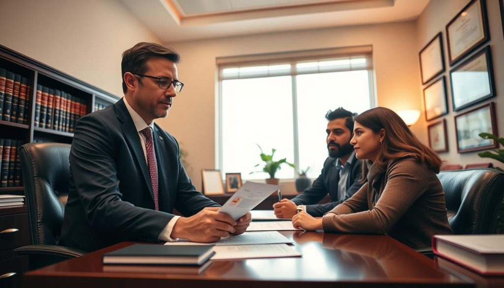 A professional green card lawyer's office interior, featuring a well-dressed attorney in business attire, focused on discussing legal documents with a diverse couple seated across the desk. The background showcases law books and framed certificates on the wall, conveying expertise and trust. Soft, warm lighting enhances the welcoming atmosphere, while a large window allows natural light to filter in, brightening the space. The camera angle is slightly above eye level, capturing both the interaction and the environment. The mood is serious yet approachable, illustrating the theme of guided assistance in navigating immigration law effectively.