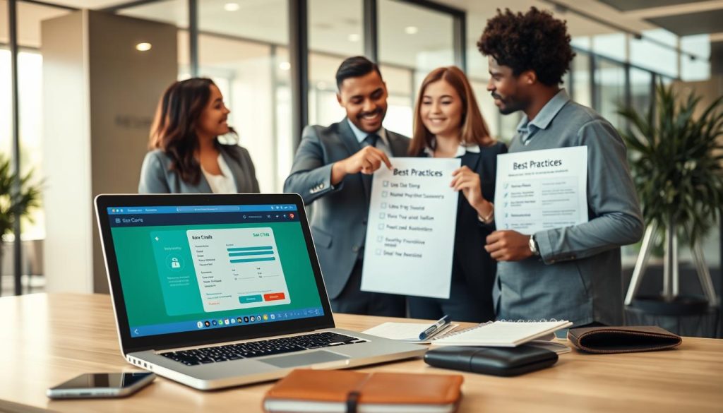 A professional office setting with a focus on credit card security. In the foreground, an open laptop displays a user-friendly banking interface, surrounded by essential tools: a smartphone, notepad, and a secure wallet. In the middle ground, a diverse group of three individuals in business attire discuss security strategies, with one pointing to a checklist titled "Best Practices" that includes items like using strong passwords and enabling two-factor authentication. The background features a modern office with glass walls, emphasizing transparency and safety. Soft, natural lighting filters through large windows, creating a calm and productive atmosphere. The composition is shot from a slightly elevated angle, capturing the action and interaction among the people, while maintaining a professional and secure vibe, suitable for illustrating best practices in credit card protection.