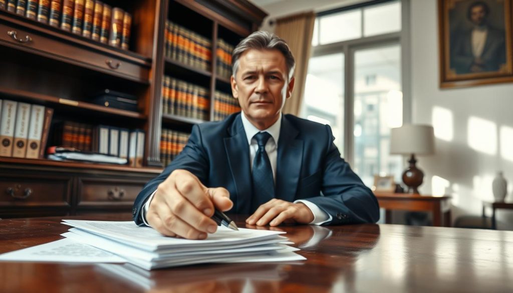 A professional property dispute lawyer sits confidently at a polished wooden desk in an elegantly furnished office. The lawyer, a middle-aged individual with short, neatly styled hair, is dressed in a tailored navy suit and white shirt, exuding professionalism. In the foreground, their hand rests on a stack of legal documents, with a pen ready for signing. The middle ground reveals a well-organized bookshelf filled with law books and legal binders. In the background, a large window lets in soft, natural light, casting an inviting glow over the scene. The atmosphere is focused and determined, suggesting a sense of resolve and expertise, ideal for someone seeking assistance in legal matters regarding property disputes.