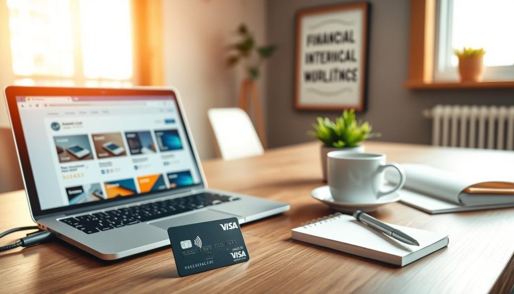 A professional workspace designed for freelancers, featuring a laptop open to a financial app displaying various credit card offers. In the foreground, a sleek credit card is prominently displayed on a wooden desk alongside a stylish coffee cup and a notepad with notes. In the middle ground, a potted plant adds a touch of greenery, while a framed motivational quote about financial independence hangs on the wall. The background includes a soft-focus window, letting in warm, natural light that creates an inviting atmosphere. The scene captures a sense of productivity and empowerment, ideal for freelancers looking to manage their finances effectively. Use a slight bird’s-eye view angle to showcase the desk arrangement and incorporate a cozy, bright aesthetic.