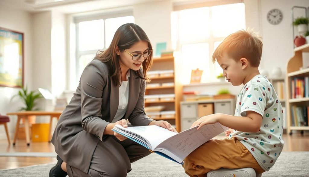 A serene and inviting educational setting where a professional educator is providing assistance to a young student with learning disabilities. In the foreground, the educator, dressed in modest professional attire, is kneeling beside the student, who is focused on a colorful workbook filled with engaging exercises. In the middle ground, a bright, well-organized classroom filled with educational posters and resources can be seen, depicting a nurturing learning environment. Soft natural light pours in through large windows, casting a warm glow across the scene. In the background, shelves with books and learning materials add depth to the space. The overall atmosphere is supportive and empowering, highlighting the positive interaction between the educator and the learner.