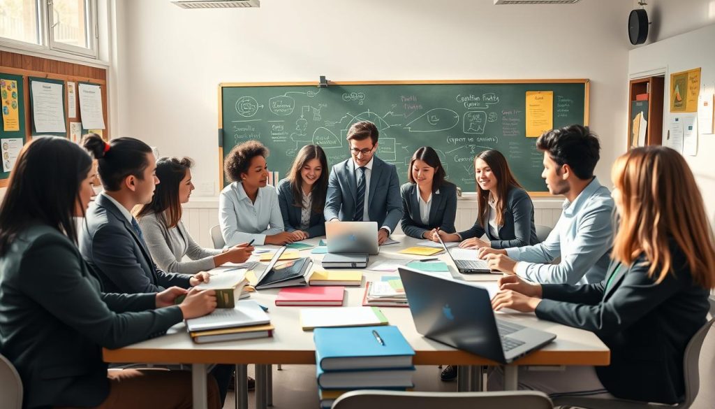A vibrant classroom scene showcasing active learning strategies. In the foreground, a diverse group of students, dressed in professional business attire, are engaged in lively discussions around a large table covered with books, laptops, and colored notepads. In the middle ground, a teacher facilitates the group work, encouraging collaboration and creativity. Bright sunlight streams through large windows, casting warm light throughout the room, enhancing a productive and inspiring atmosphere. The background features a chalkboard filled with colorful diagrams and notes, and educational posters on the walls. The overall mood conveys enthusiasm and engagement in the learning process, illustrating a modern, dynamic classroom environment focused on collaboration and critical thinking.