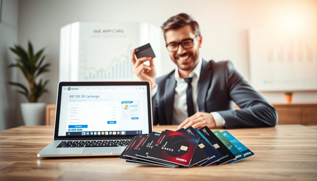 A visually engaging composition showcasing a variety of fast approval credit cards fanned out on a smooth wooden table in the foreground, with a modern, sleek laptop open and displaying a simplified application interface. In the middle ground, a stylishly dressed professional, wearing a tailored suit, enthusiastically reviews their cards, conveying a sense of satisfaction and optimism. The background features a softly lit, contemporary office space with abstract financial graphs on a whiteboard, suggesting a productive atmosphere. The lighting is warm and inviting, with diffuse sunlight streaming through a large window, creating a sense of clarity and opportunity. The overall mood is positive and inspiring, encapsulating the spirit of efficient financial management and the advantages of quick approval cards.