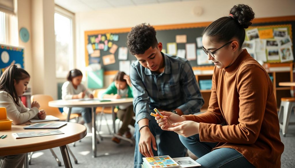 A warm and inviting classroom setting, featuring a diverse group of students engaged in various learning activities. In the foreground, a teacher, dressed in professional attire, is kneeling beside a student with a learning disability, providing one-on-one support with educational materials like colorful flashcards and tactile learning tools. In the middle ground, other students collaborate on a project at a round table, surrounded by resources such as books and writing aids, promoting a sense of teamwork. The background shows a bulletin board filled with encouraging messages and visual aids. Soft, natural light streams through large windows, creating a positive and uplifting atmosphere. The angle captures the dynamic interaction between the teacher and students, highlighting empowerment and support in the learning process.