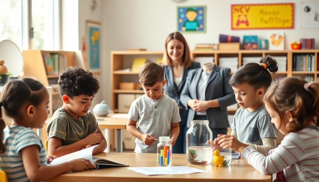 A warm, inviting classroom scene focused on fostering independence in children. In the foreground, a diverse group of children aged 7-10, engaged in various self-directed activities: one child is reading a book independently at a small table, while another is working on a hands-on science project with minimal adult supervision. In the middle background, a patient teacher, dressed in smart casual attire, observes and encourages the children from a distance, smiling softly. The background features colorful educational posters and shelves filled with books and educational materials, enhancing the learning atmosphere. Soft, natural lighting filters through large windows, creating a cheerful and motivating environment. The mood is inspiring and supportive, emphasizing the importance of self-motivation and independence in learning.