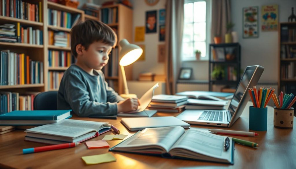 A well-organized study space featuring a young student focused on their studies. In the foreground, a child wearing modest casual clothing sits at a wooden desk with a variety of colorful study materials neatly arranged—books, a laptop, and stationery. The middle ground includes a bright study lamp illuminating an open book, with sticky notes and a planner scattered around, suggesting effective study habits. In the background, a cozy and inviting room filled with shelves of books and educational posters, enhancing the atmosphere of learning. Soft, natural lighting streams through a window, casting a warm glow throughout the room, creating a calm and focused mood conducive to studying. The scene captures the essence of effective study habits, emphasizing organization and concentration.