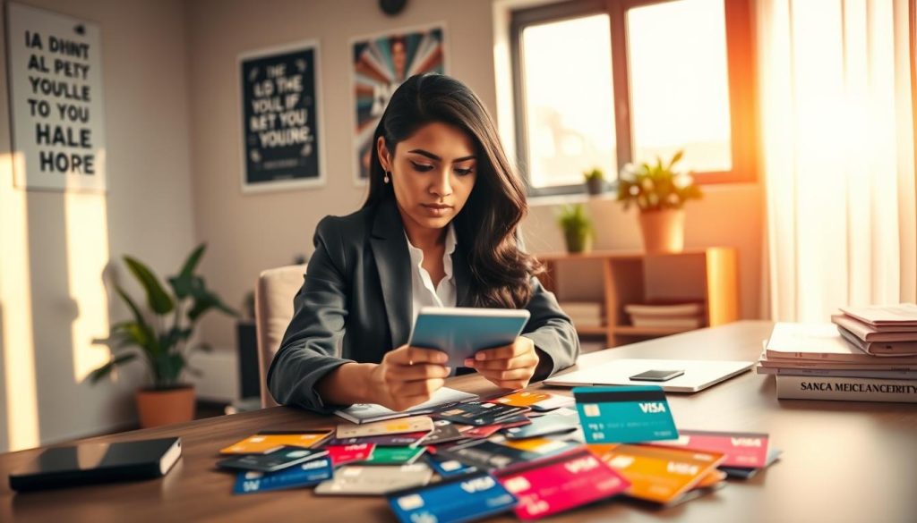 An aesthetically pleasing workspace featuring a professional freelancer sitting at a modern desk, reviewing various colorful credit cards laid out on the table. The freelancer is a South Asian woman dressed in smart casual attire, deeply engrossed in evaluating the benefits of each card. In the background, a large window lets in warm, natural light, illuminating motivational posters on the walls and showcasing a green plant. On a nearby shelf, there are books and financial magazines, hinting at the theme of financial literacy. Soft focus on the background creates a comforting atmosphere, while the foreground is crisp, highlighting the credit cards and the freelancer's concentration. The overall mood conveys a sense of productivity and empowerment.